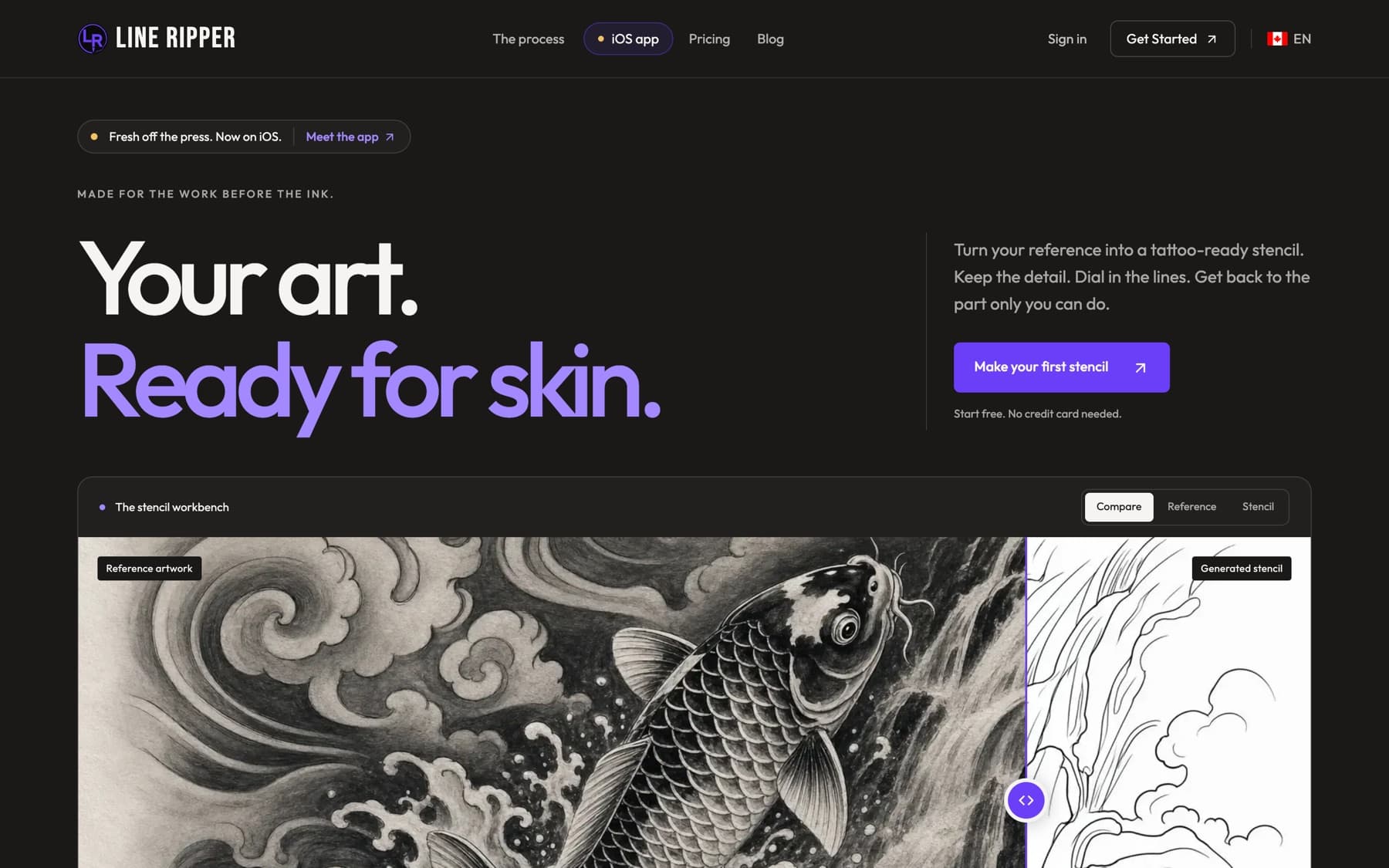 Line Ripper homepage showing a koi reference drawing next to its generated stencil