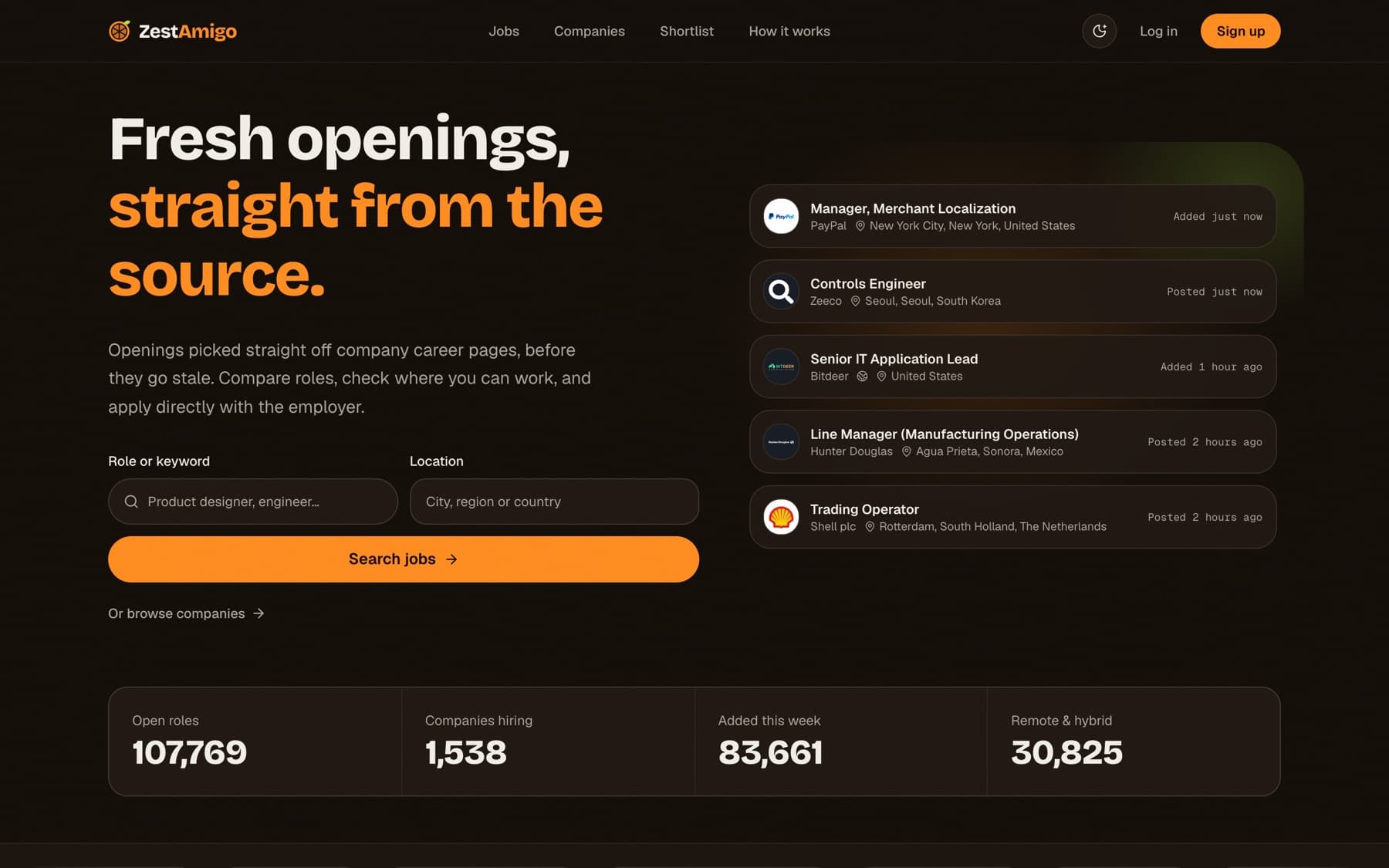 ZestAmigo homepage with a job search form and a list of freshly posted roles